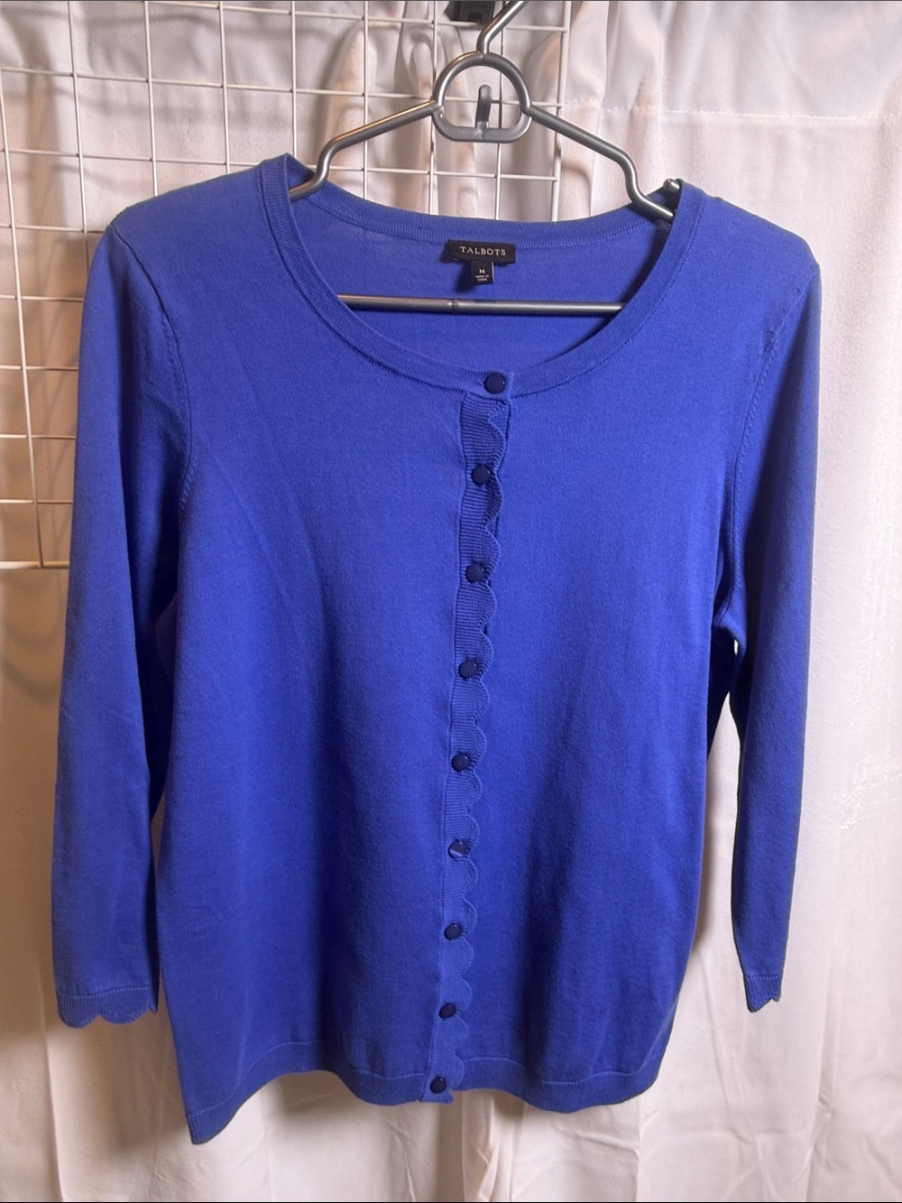 Talbots blue Scallop-Edge Button Cardigan medium 3/4 sleeves